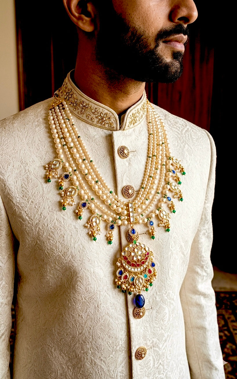 Royal Kundan Pearl Mala – Men's Bridal Necklace