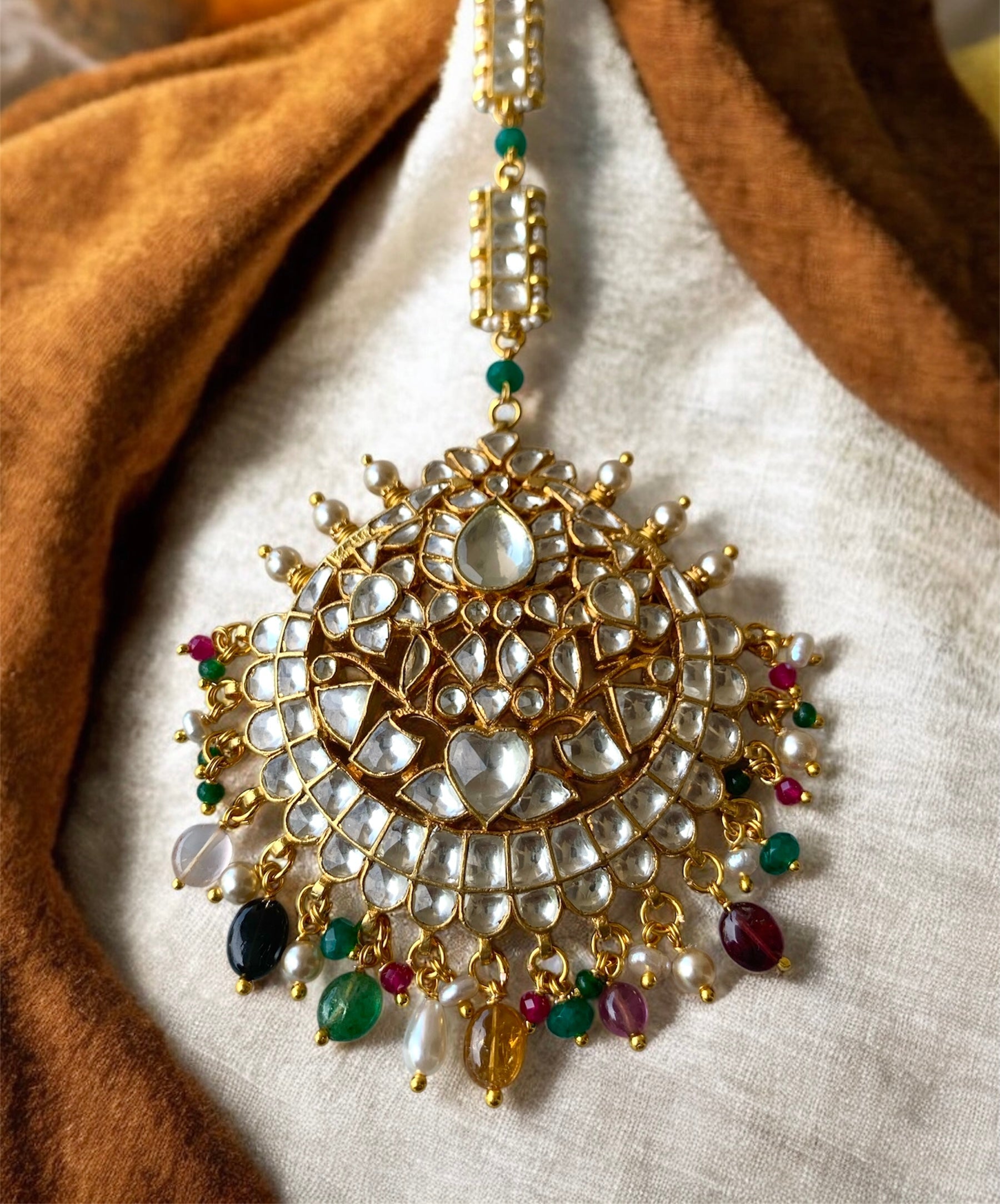 Kundan Chandbali Maang Tikka with Semi-Precious Beads