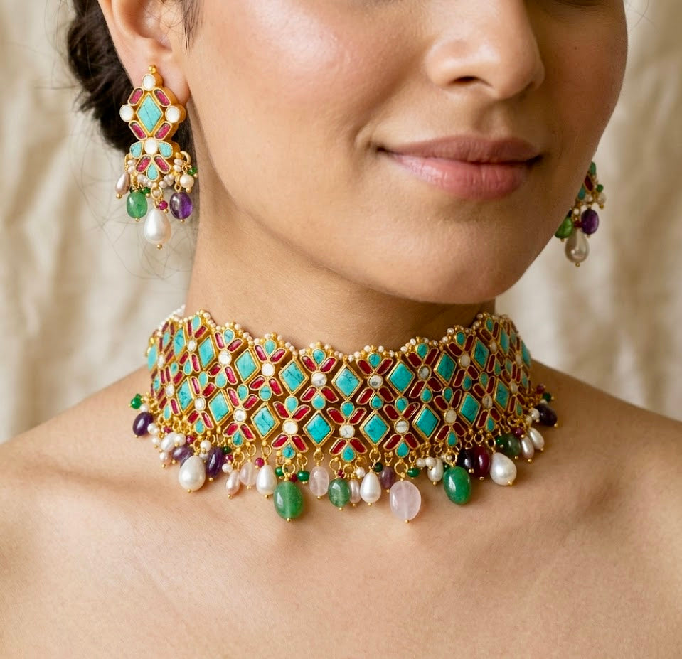 Turquoise Kundan Choker Necklace Set